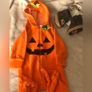 6m Pumpkin One Piece Outside Outfit For Fall or Halloween Costume, Bear Slippers
